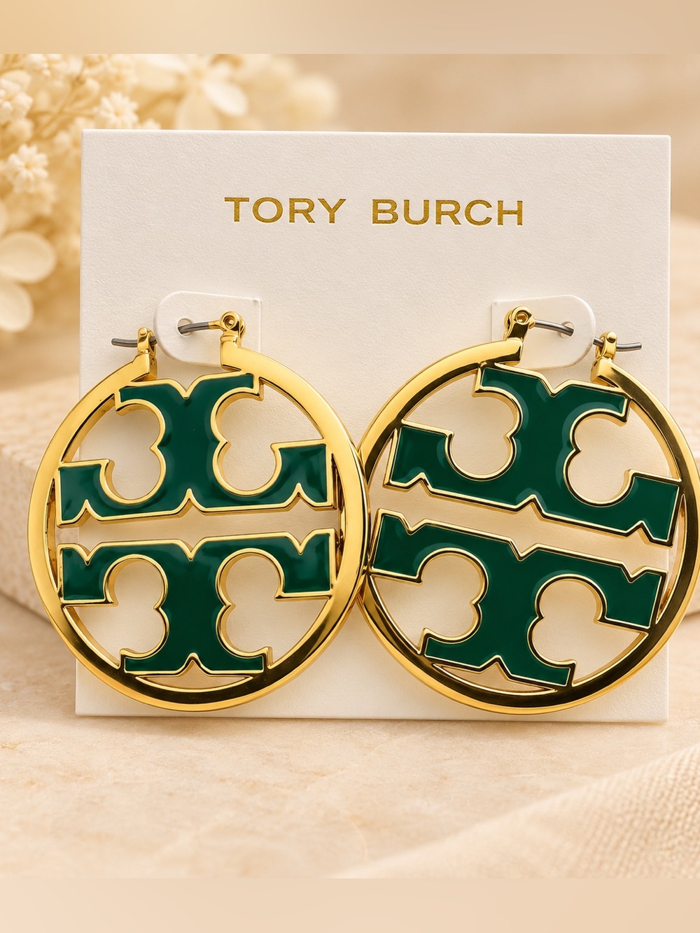 Tory Burch Green Enamel and Gold Round Logo Drop Earrings